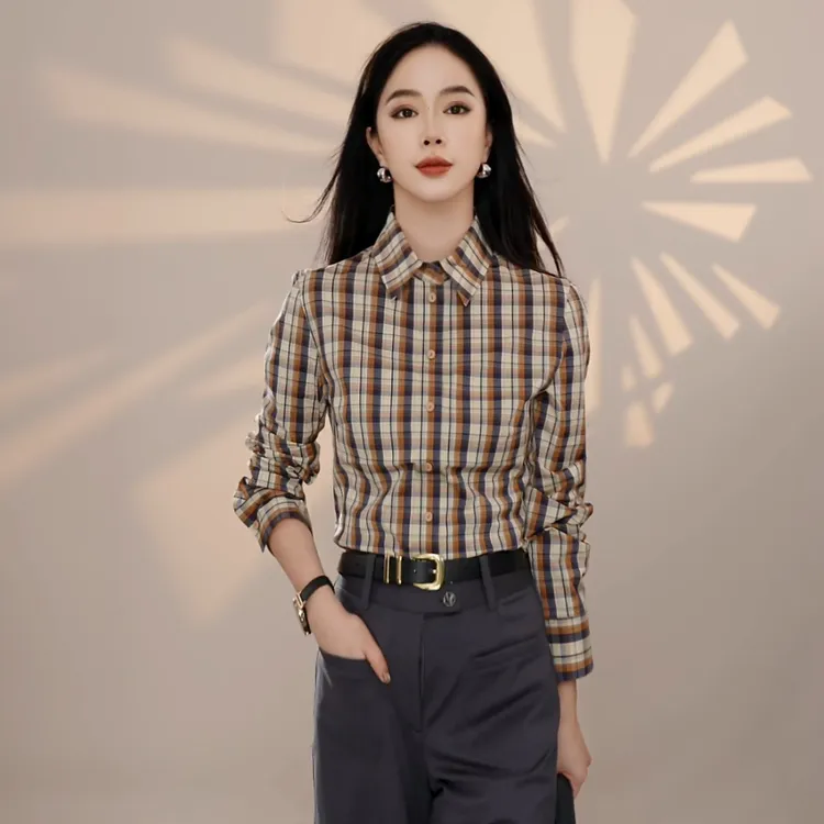 哥弟新款复古摩登百搭修身显瘦气质翻领格纹衬衫女130146