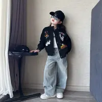 女童秋季休闲韩版棒球服外套女大童宽松百搭牛仔阔腿裤直筒裤潮