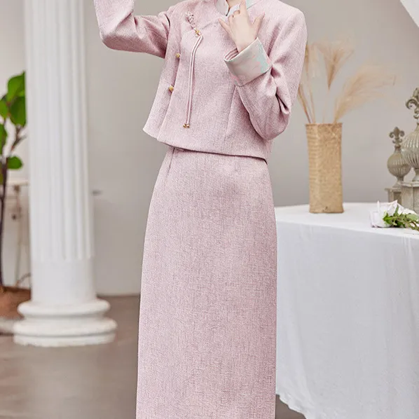 2025秋季上新气质时尚小香新中式风印花立领盘扣修身显瘦两件套裙