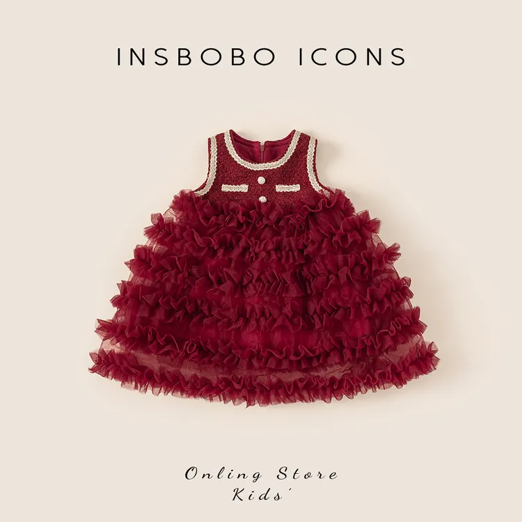 INSbobo女童公主裙红色冬季保暖洋气裙子小香风无袖网纱裙DQ25158