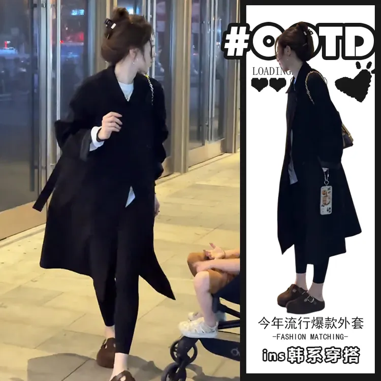 2025秋冬欧美宽松气质中长款黑色外套韩版别致小众显瘦风衣潮