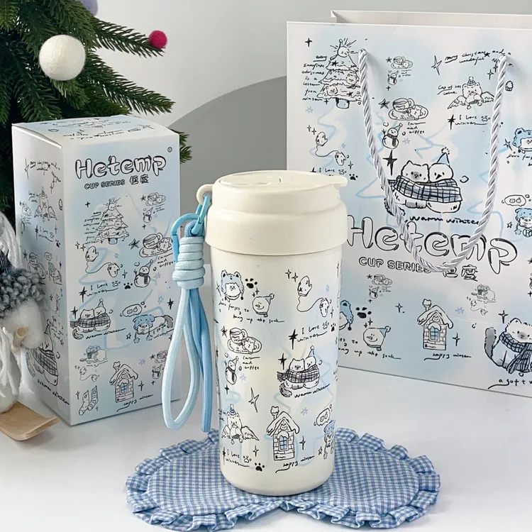 恒度2025新年雪人猫咪陶瓷不锈钢学生保温杯颜值少女吸管咖啡杯子