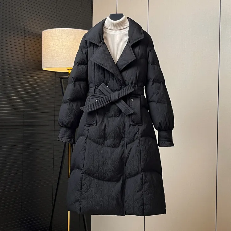 90白鸭绒肌理感高级西装领中长款羽绒服女加厚修身显瘦系带冬外套