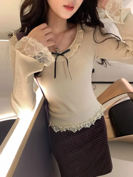 韩系简约气质蝴蝶结百搭蕾丝拼接打底衫女秋冬内搭修身长袖上衣新