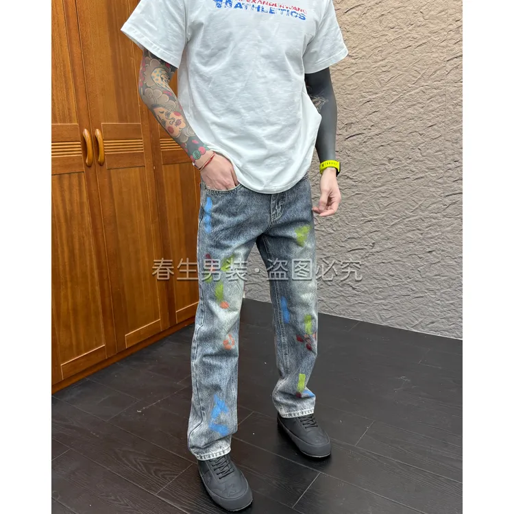 2025秋冬新品时尚休闲百搭手绘彩色男士直筒宽松牛仔裤3069