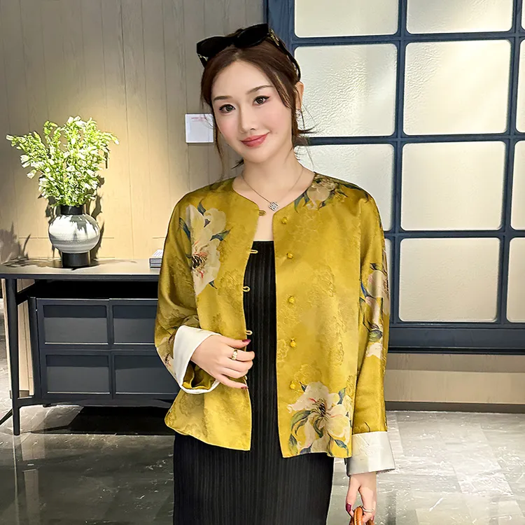 新中式国风提花黄色短款外套女2025秋季新款时髦百搭宽松唐装上衣
