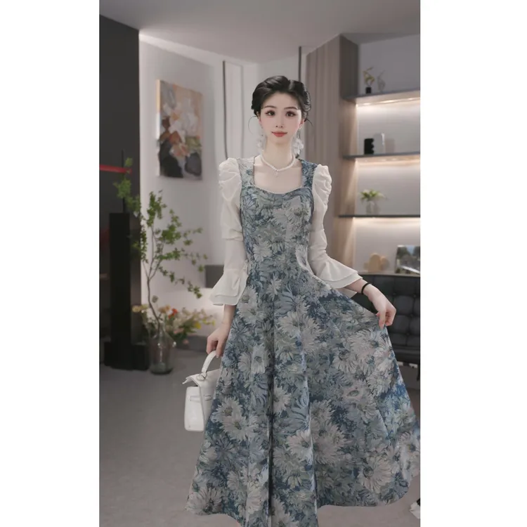 薇宝儿-婷婷【莫奈花园】秋季法式气质长袖高级感油画连衣裙-B8165K