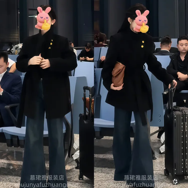 纯色保暖冬季秋冬中长款毛呢外套西装黑色双面呢