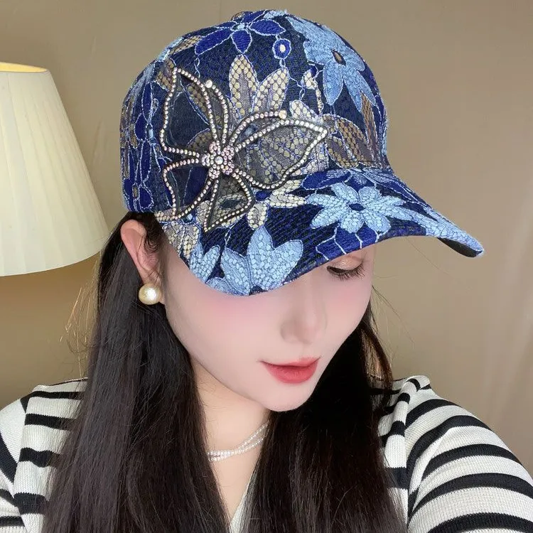 夏天蕾丝薄款夏季女透气防晒水钻蝴蝶棒球帽街头时尚百搭潮鸭舌帽