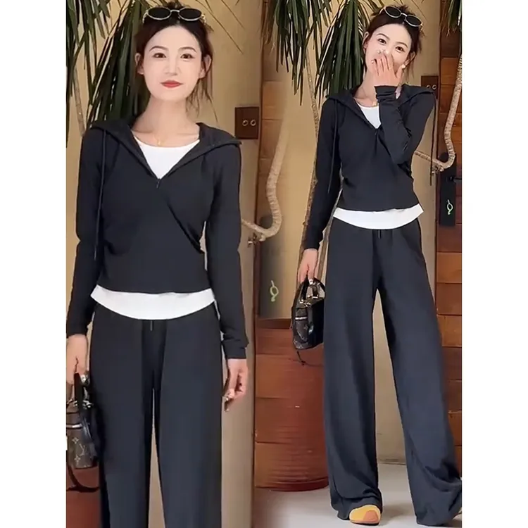 时尚休闲套装女秋季新款洋气显瘦遮肉假两件连帽卫衣阔腿裤两件套