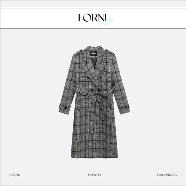 FORNI 漫步卢浮宫英伦女士灰色格纹腰带毛呢大衣