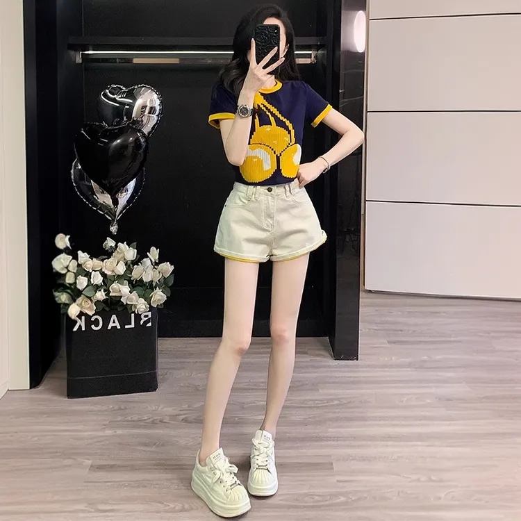 2025夏小个子穿搭时尚套装女活泼减龄洋气短袖T恤牛仔短裤两件套