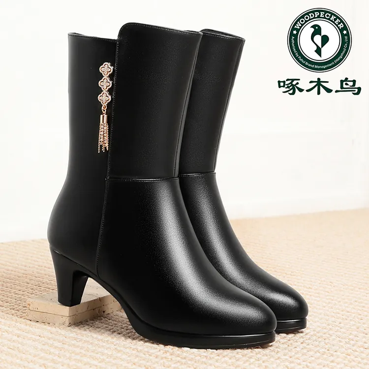 啄木鸟中筒靴女冬季新款女靴百搭妈妈靴子加绒保暖高筒靴中跟棉靴