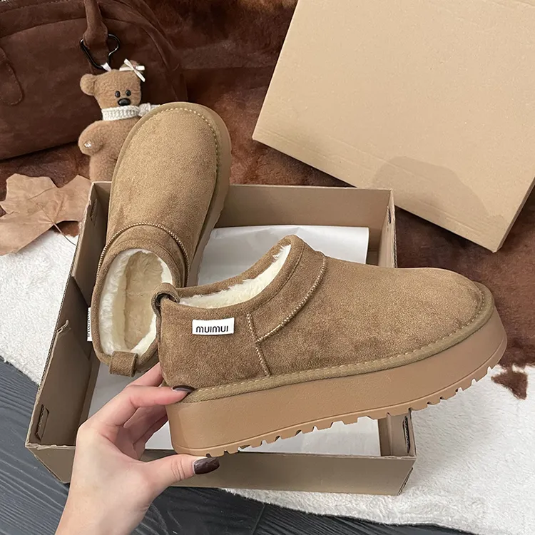 厚底低帮雪地靴女2025冬季新款加绒保暖加厚一脚蹬短筒东北大棉鞋