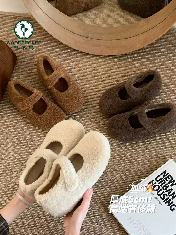 啄木鸟软糯~内增高5CM毛毛鞋加绒玛丽珍鞋勃肯鞋女秋冬季厚底单鞋