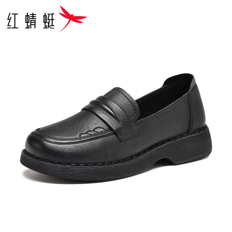 红蜻蜓乐福鞋女夏季一脚蹬女鞋软底通勤黑色皮鞋女款厚底真皮单鞋