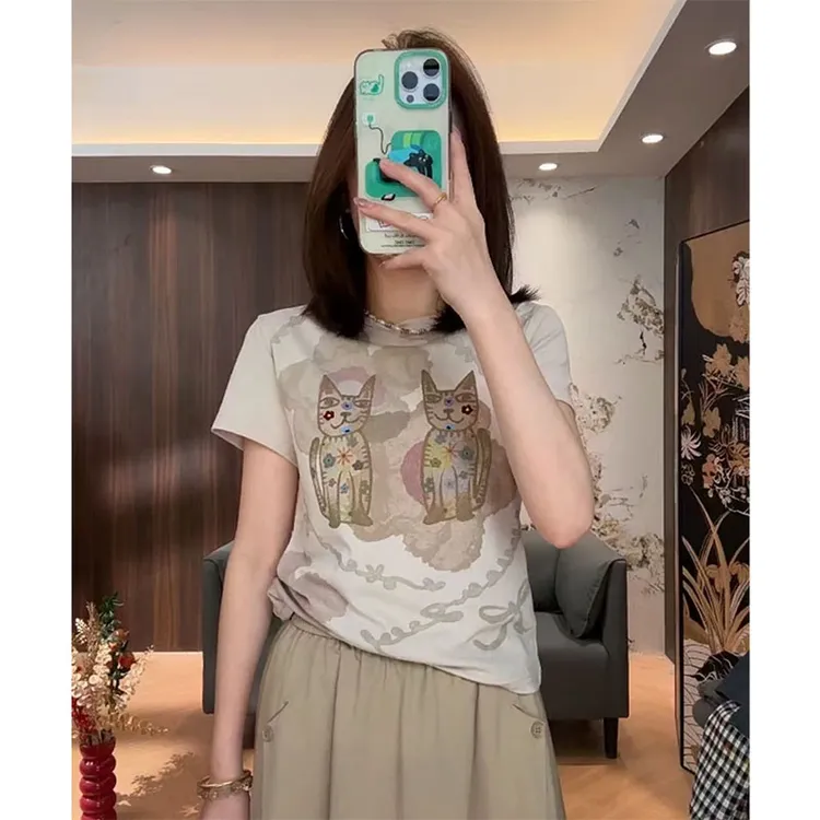 复古休闲套头圆领T恤女2025新款夏季短袖猫咪印花正肩显瘦短上衣