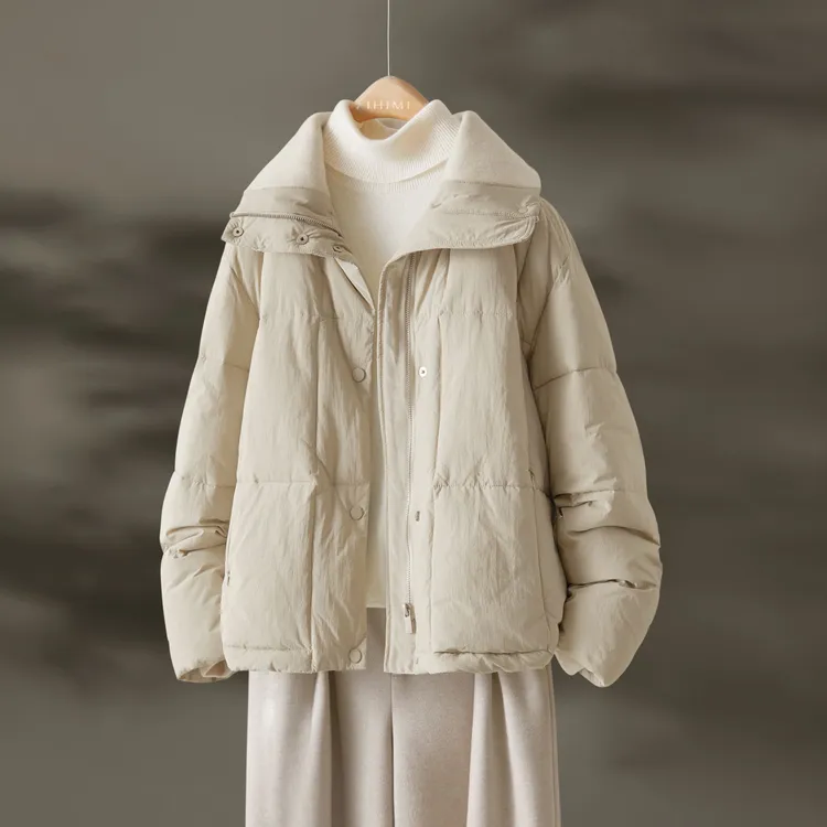 IHIMI/海谧2025年冬季新款女装简约百搭上衣拼接针织立领棉衣外套