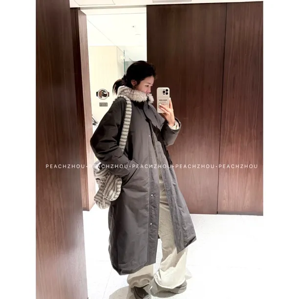 PEACHZHOU 可拆卸羊毛领90鹅绒长款派克服宽松保暖羽绒大衣外套