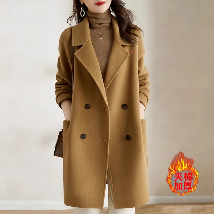 新款驼色感夹棉加厚秋冬显瘦毛呢双面绒大衣赫本风宽松型呢子羊绒