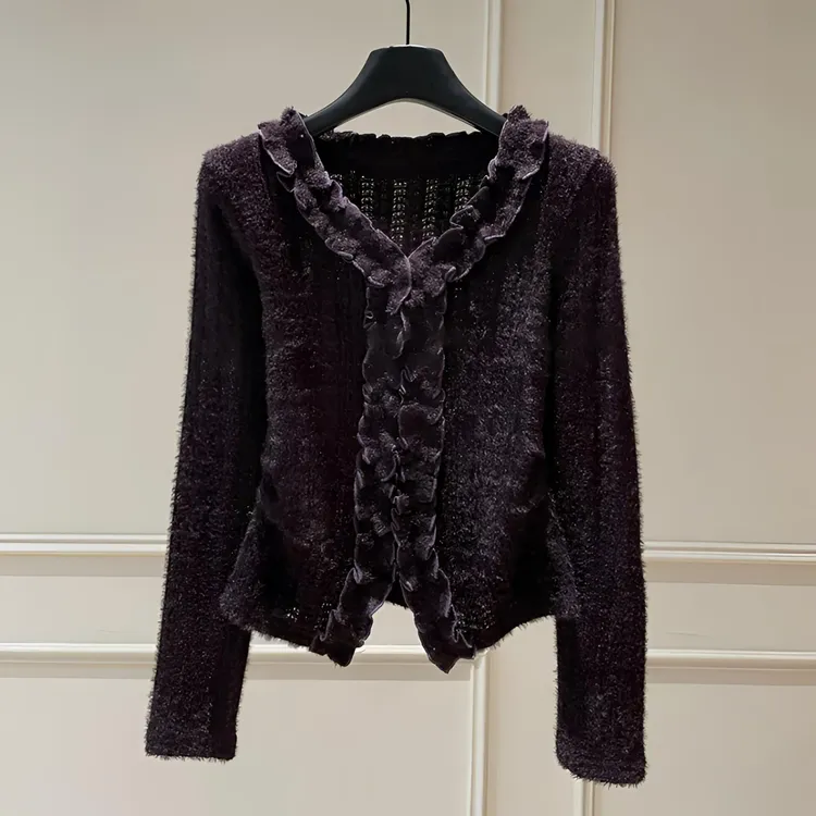 法式气质名媛复古别致花边V领显瘦长袖蕾丝洋气时尚打底上衣1855