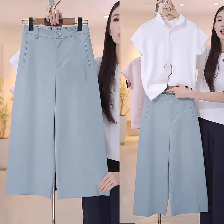 冰川蓝西装阔腿裤女2025夏季新款高腰薄款显瘦八分直筒裤休闲裤子