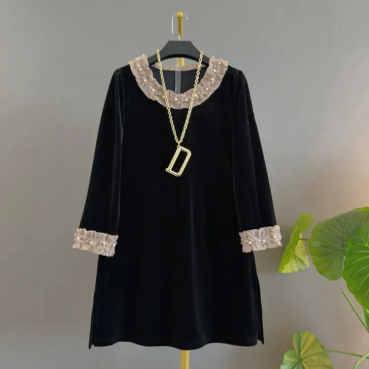 七分袖透气拼接钉珠新中式丝绒连衣裙气质绣花国风蕾丝苹果型遮肉