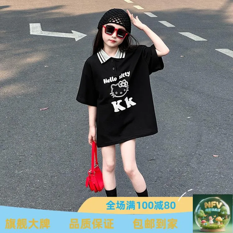 法国NFV女童洋气Polo衫2025夏装女孩卡通短袖T恤裙儿童休闲宽松kt