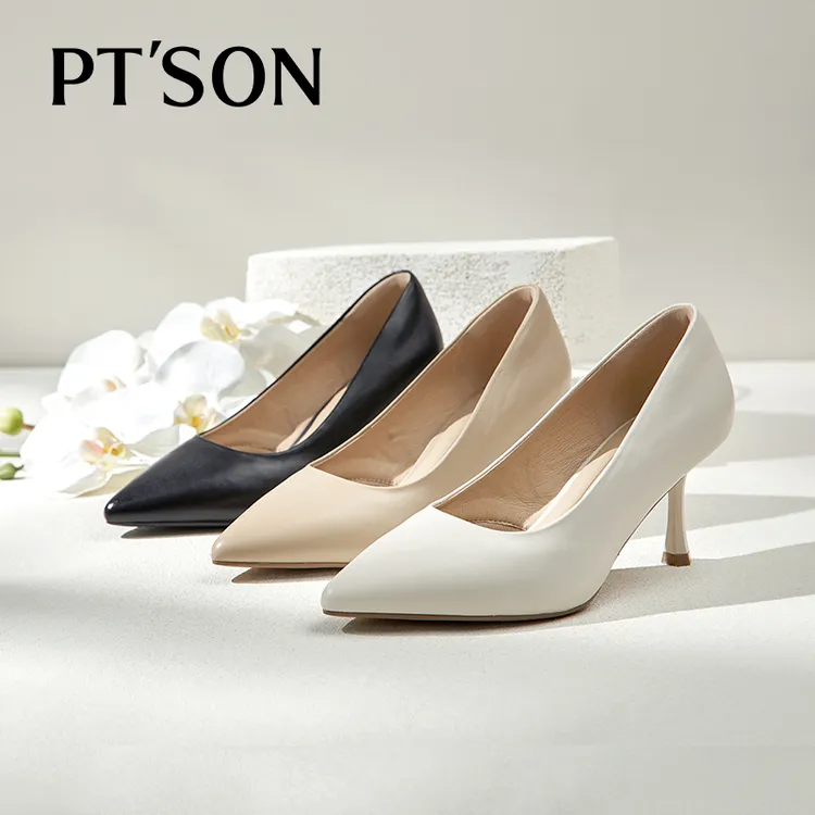 百田森裸色高跟鞋女新款羊皮工作鞋黑色尖头配裙子单鞋赫本风