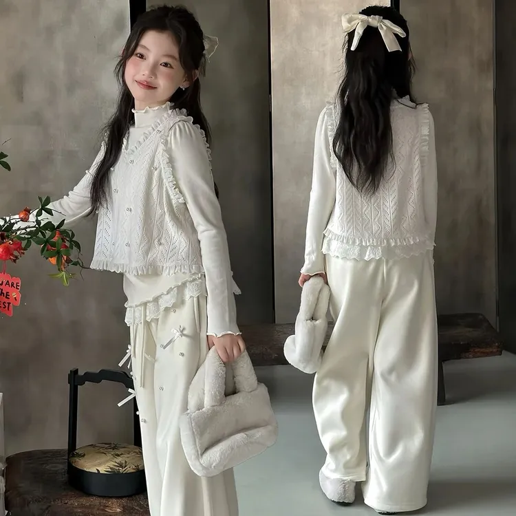 女童韩系套装2025秋冬女孩蕾丝拼接马甲半高领打底三件套直筒裤子