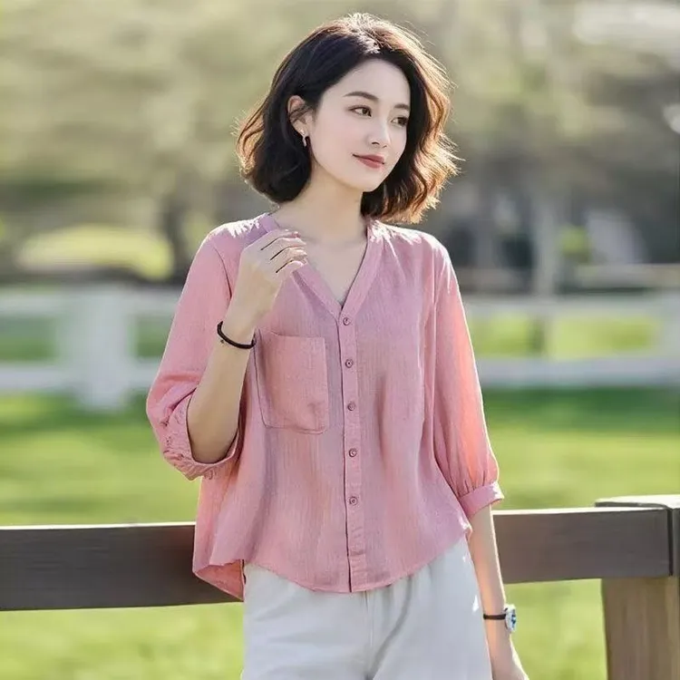 洋气V领时尚衬衫2025夏季新款遮肉显瘦遮肚子五分袖衬衣上衣女