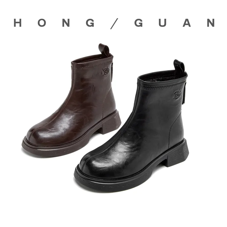 加绒| 红冠秋冬季新款后拉链法式中跟靴女粗跟短靴9850