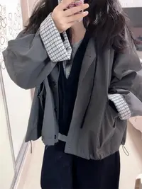 906宽松型秋季宽松袖型外套连帽复古纯色风衣口袋