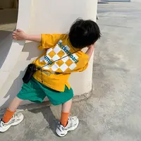 儿童纯棉打底衫宝宝夏装黄色棋盘格印花韩版帅气男童短袖t恤潮牌