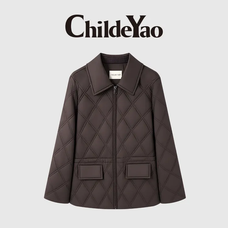 Childe Yao冬季气质简约翻领菱格腰部抽绳显瘦棉服外套女CYC59382