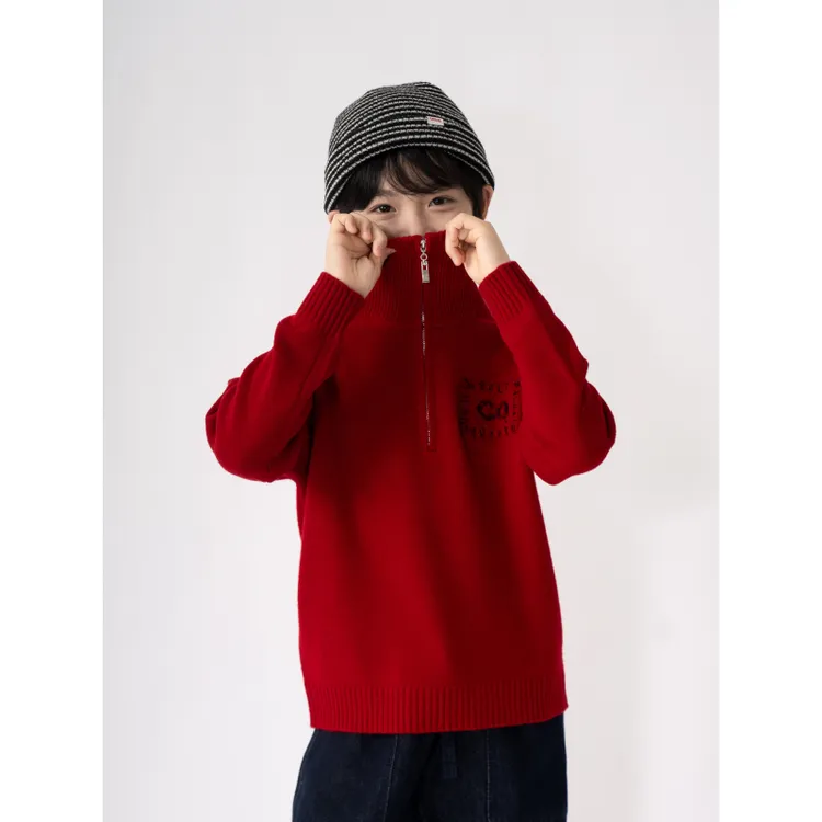ASKR‘符文’【100%羊毛】男童新年红色羊毛衫老钱风儿童拉链毛衣