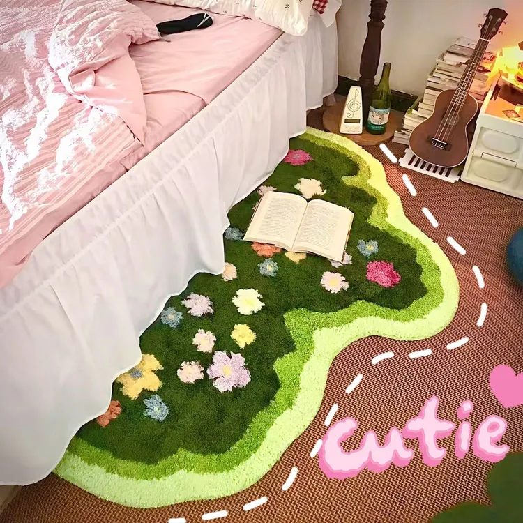 【两只羊】设计师款高级植绒地毯花田ins风绿色镜前装饰毯茶几地垫