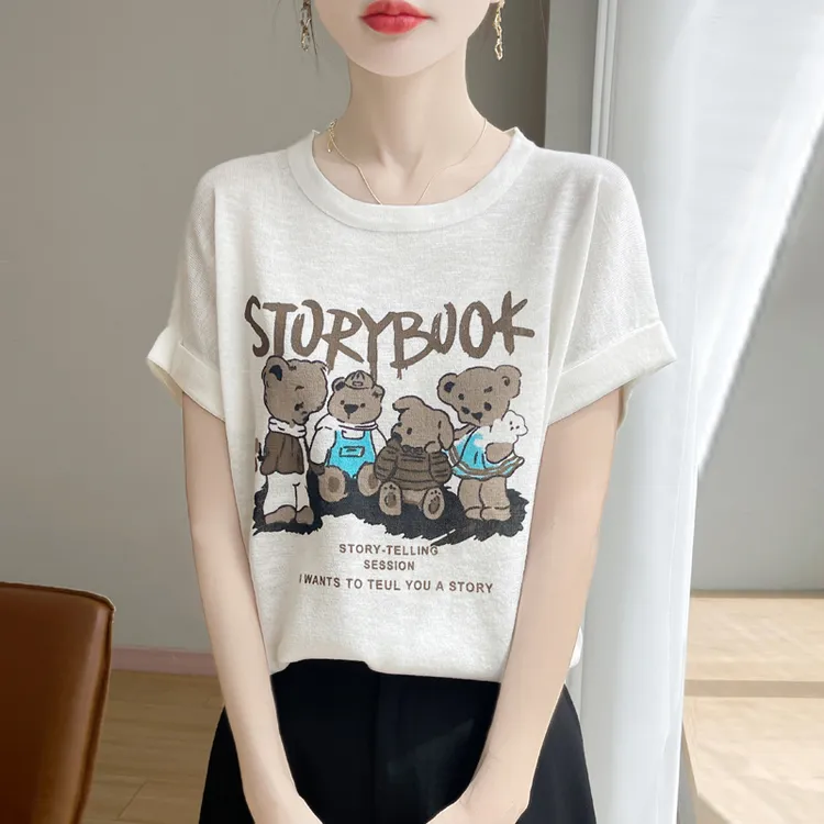 韩系卡通字母印花冰丝针织短袖女清凉夏季薄竹节麻圆领半袖T恤衫