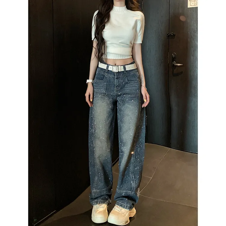 重工满天星烫钻阔腿牛仔裤女2025秋季新款轻奢高腰宽松休闲弯刀裤