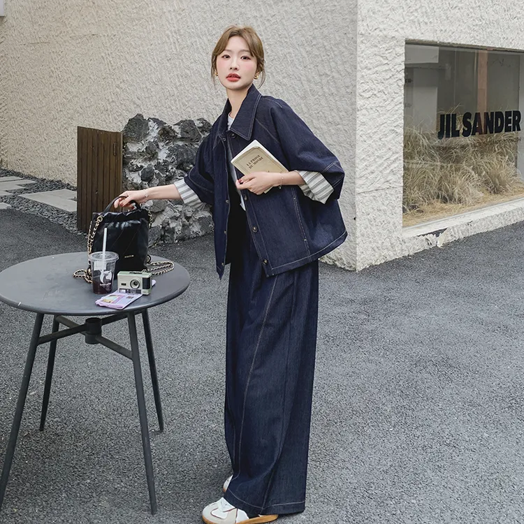 超好看减龄牛仔套装裤女2025春新款韩系宽松夹克上衣阔腿裤两件套