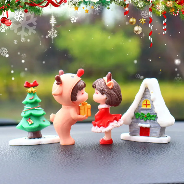 圣诞汽车摆件树脂创意车载情侣装饰公仔鹿角红色绿色树桩亲吻雪屋
