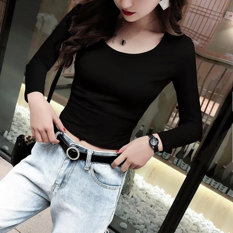 黑色长袖紧身修身显瘦百搭纯色韩版春秋秋冬打底内搭T恤女 早秋新