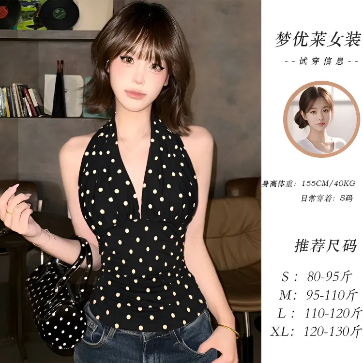 梦优莱美式高街V领无袖波点背心吊带女夏季新款百搭修身显瘦上衣