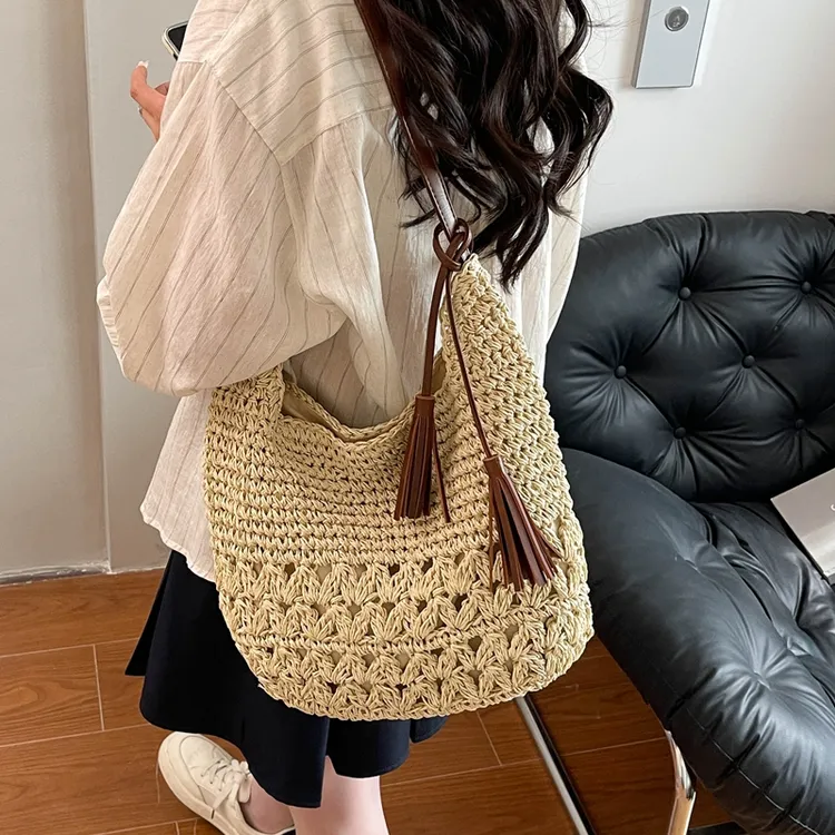 慵懒风编织草编包女2025新款潮夏季休闲单肩托特包海边度假沙滩包