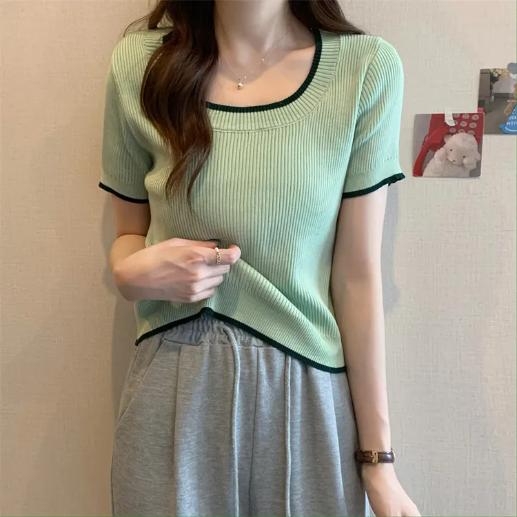 实拍 2025夏季新款设计感小众撞色圆领休闲百搭短袖上衣女