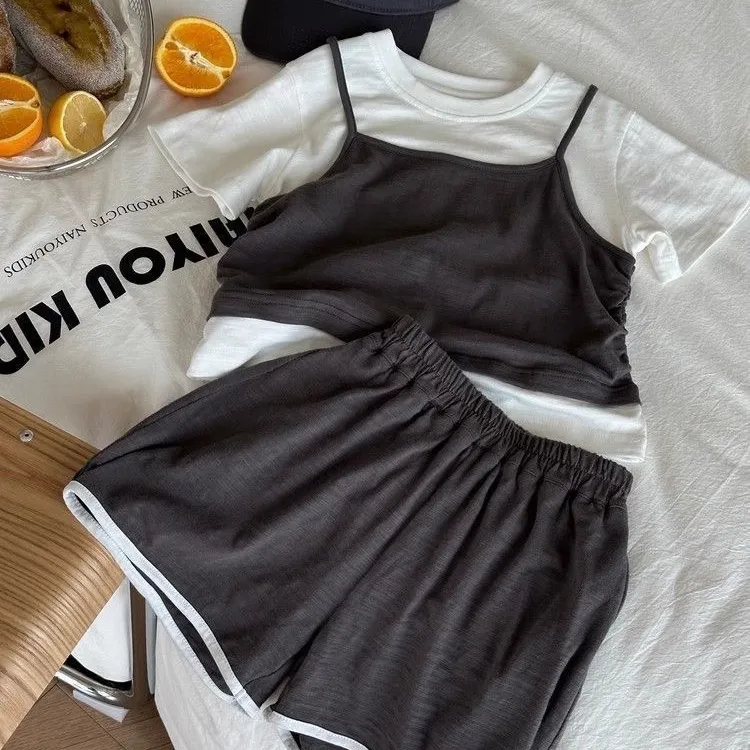 女童夏季假两件T恤短袖套装2025新款韩版童装休闲短裤运动两件套