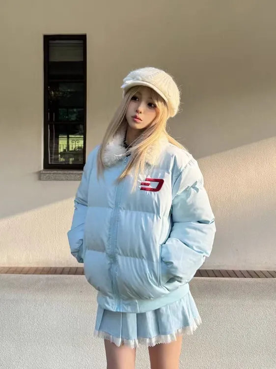 加厚翻领短款拼接毛领外套女新款宽松保暖面包服棉衣冬季