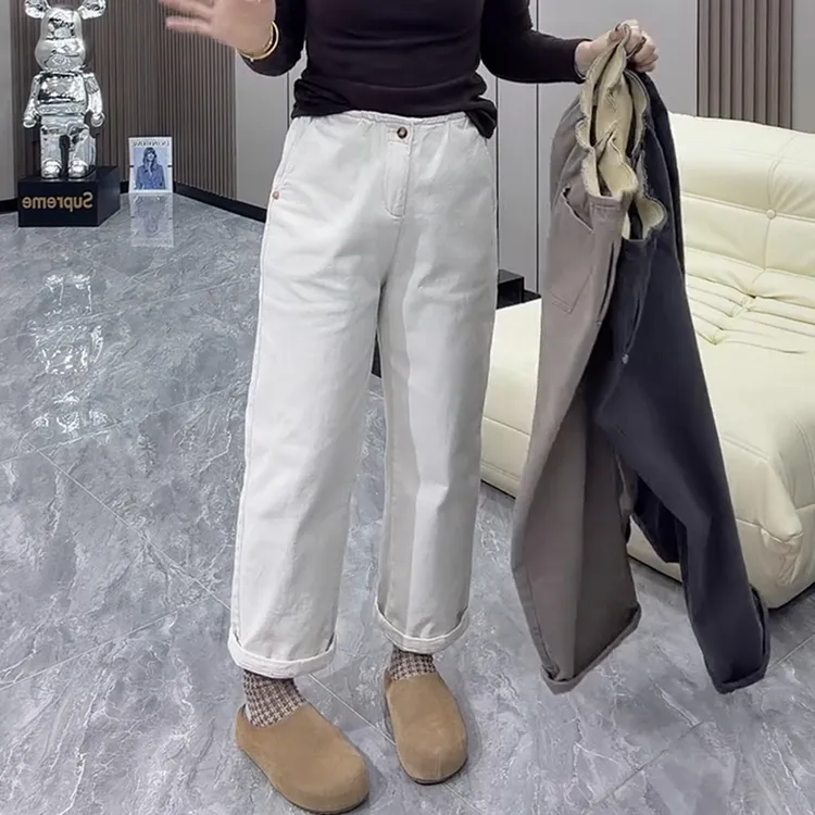 高腰直筒加绒休闲裤女2025秋冬新款大码洋气百搭显瘦九分阔腿裤子