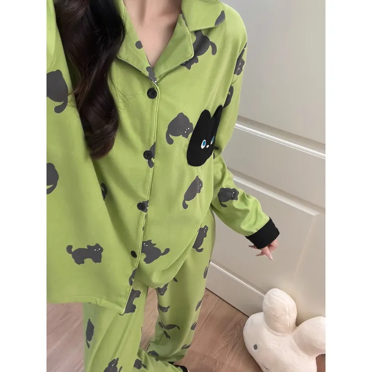 韩国可爱小黑猫长袖睡衣女款秋冬季新款德绒保暖可外穿家居服套装
