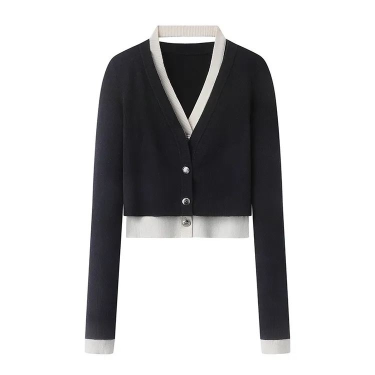 针织衫女短款显瘦时尚女2025春新款毛衣假两件针织开衫8132